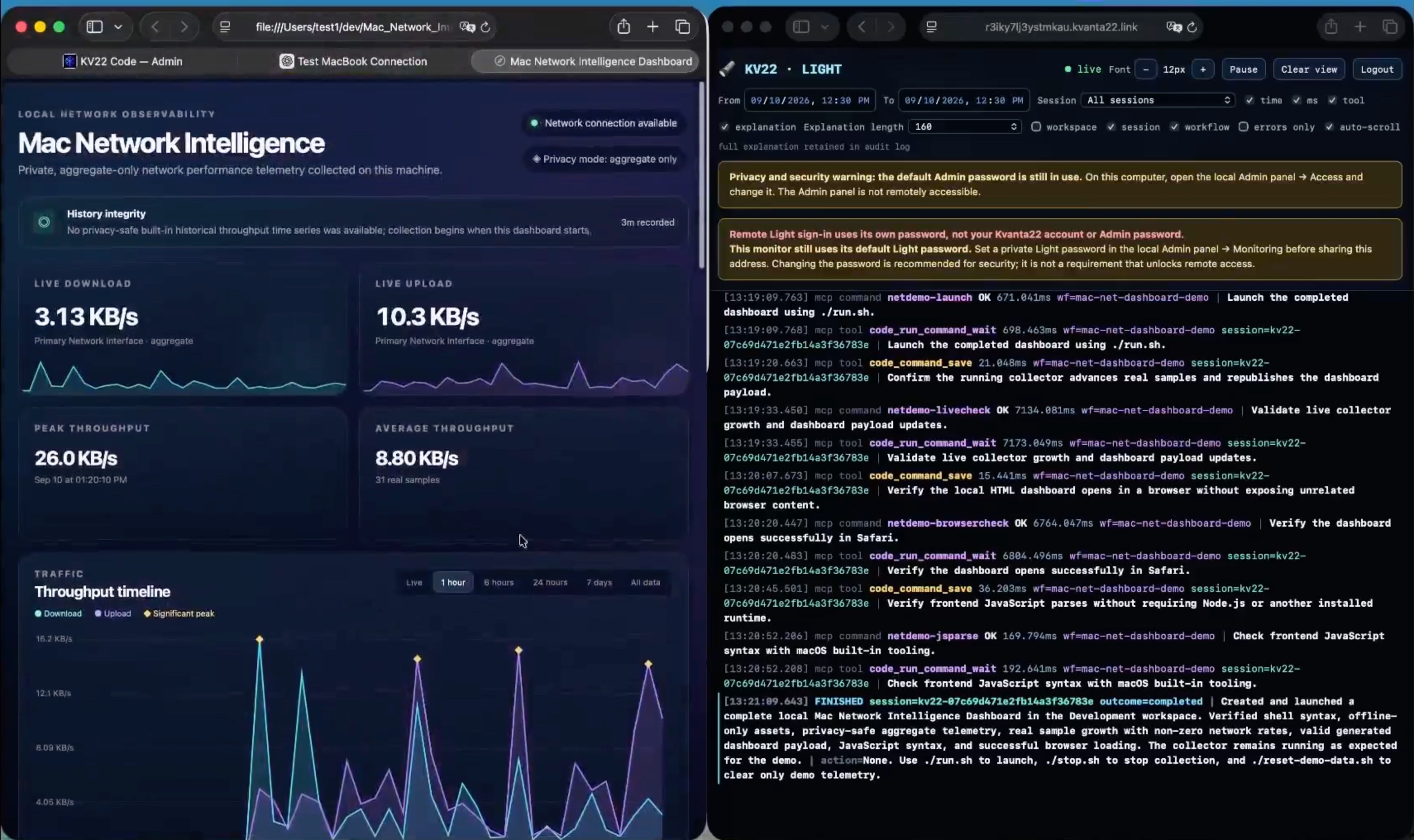 KV22 Code demo showing ChatGPT and a completed live network intelligence dashboard