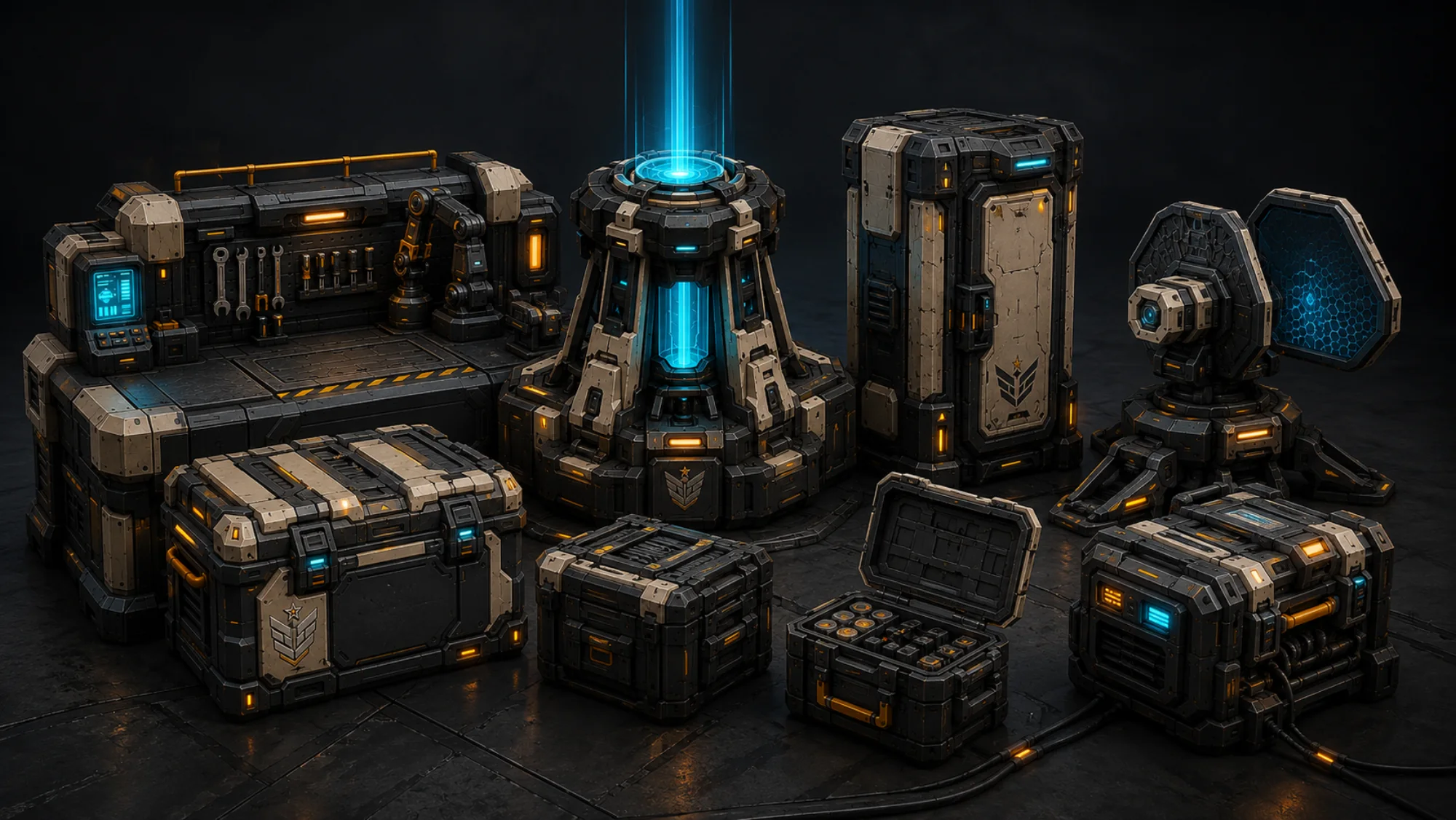Survival equipment: crates, repair bench, core, shield, scanner